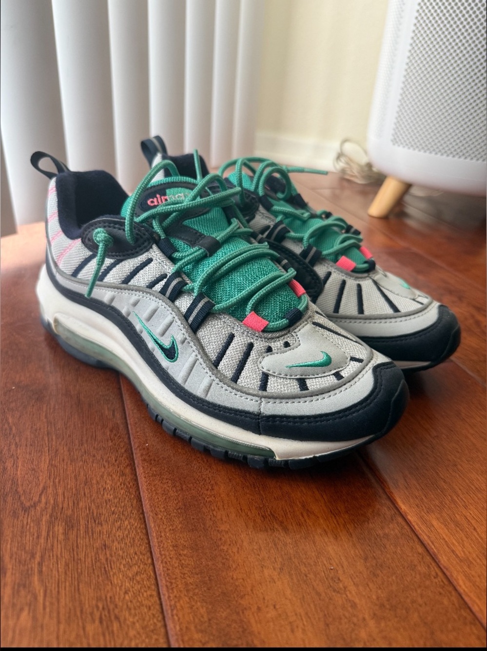 Nike Air Max 98 'South Beach' Platinum, Black, Pink and Teal Sneakers.